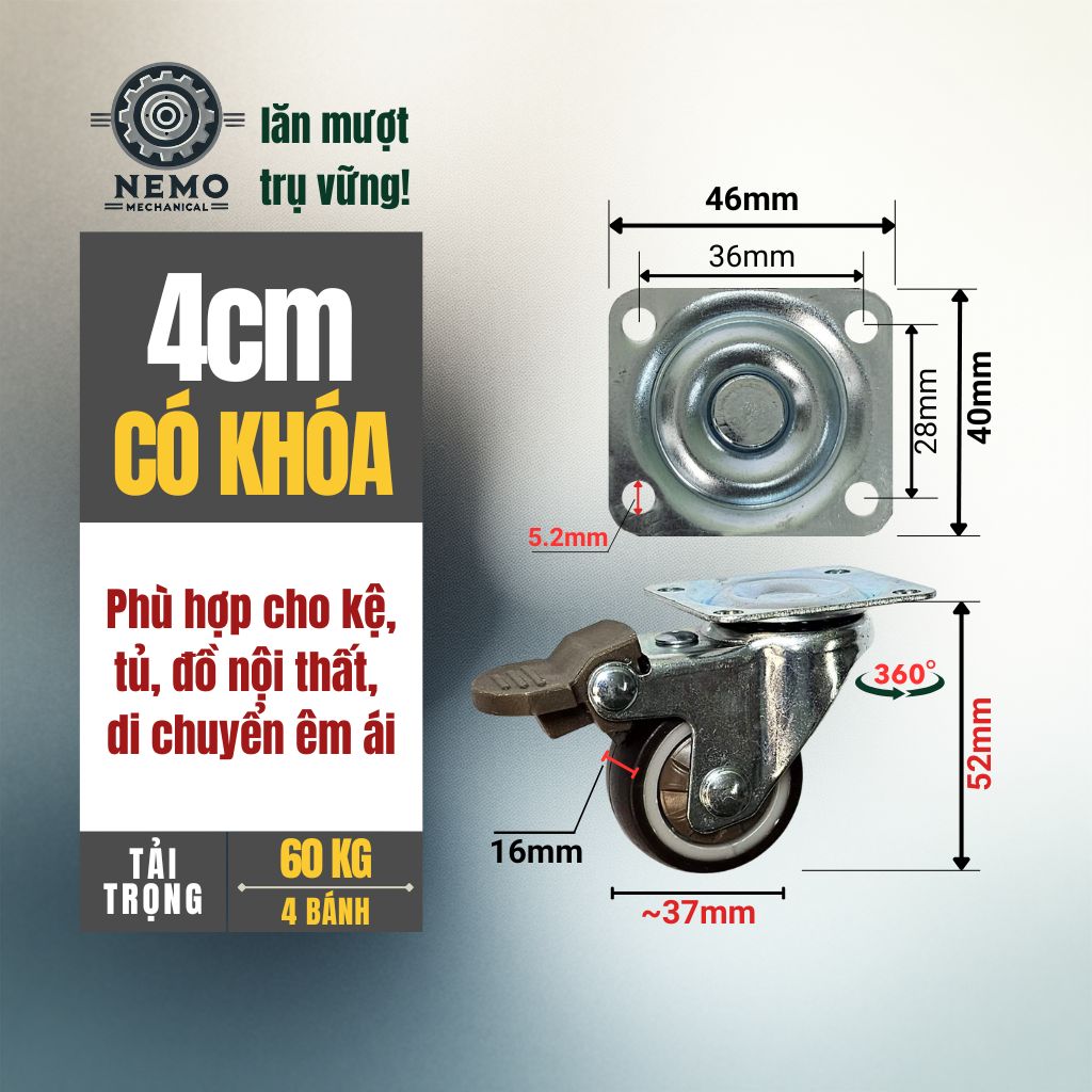 Bánh Xe TPR Nội Thất Cao Cấp – Chống Ồn, Không Xước Sàn (D40, D50)